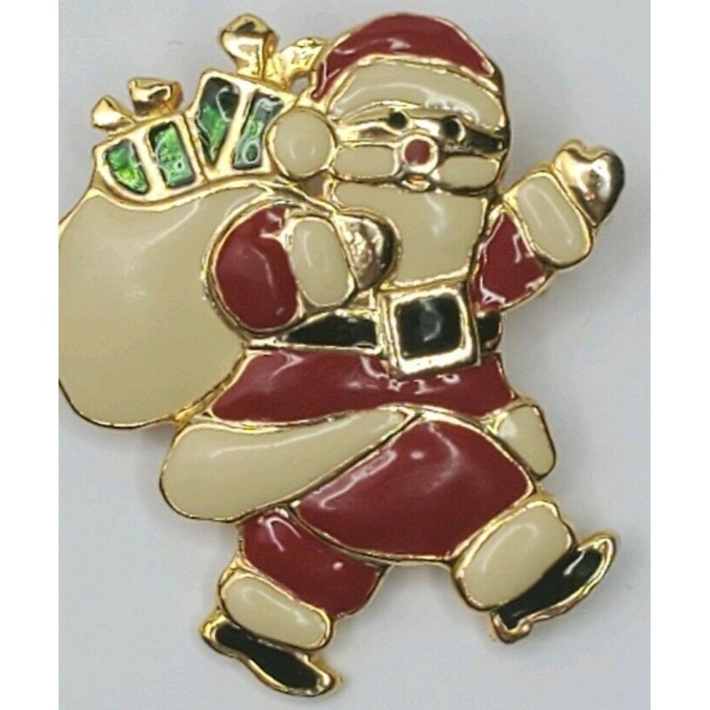 Vintage Heavy Enamel Santa Claus with Bag of Presents Brooch